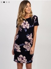 NWT Pink Blush Maternity Medium Navy Blue Floral Short Sleeve Dress