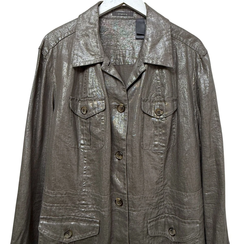 Chaqueta Safari Liz Claiborne Talla Grande 2X 100% Lino Marrón Brillante Utilidad Foto 2 de 4