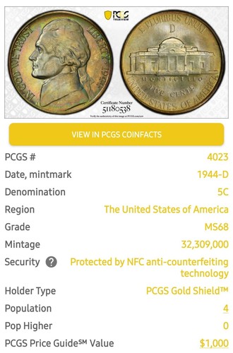 1944 D Silver War Nickel NGC MS68 Toned Finest Known Pop 4/0 Rainbow Toned GEM - 第 10/11 張圖片