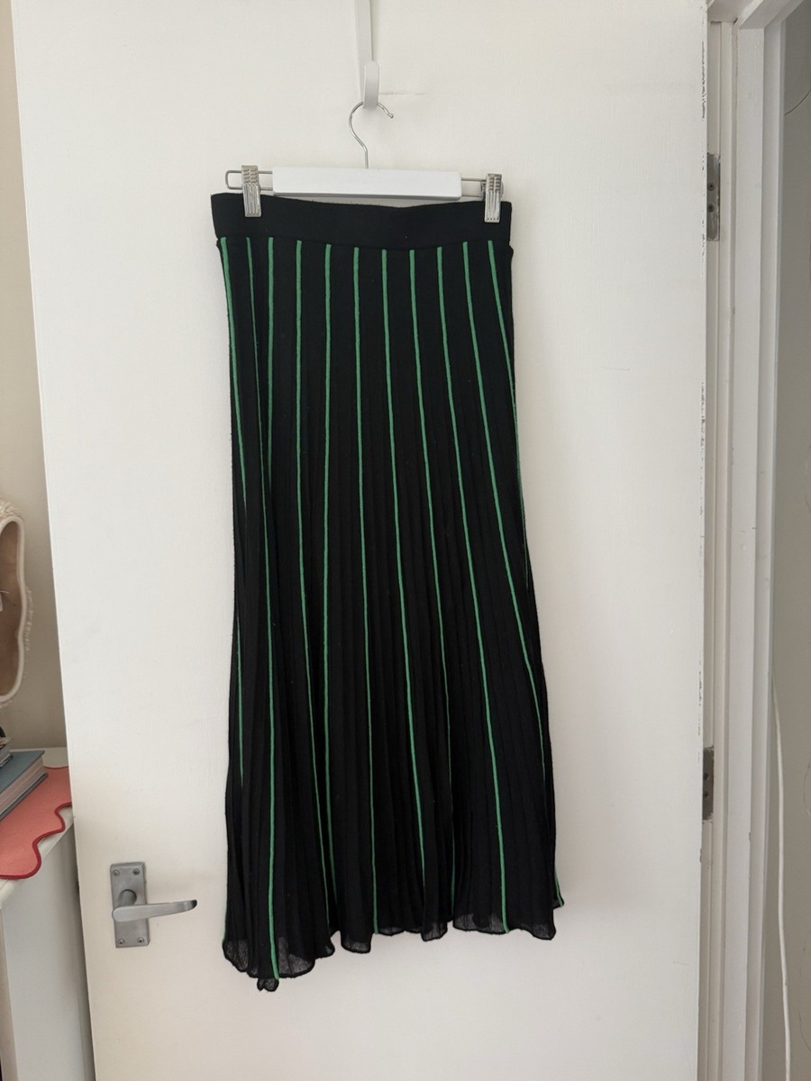 Zara Black Fine Knit Pleated Midi Skirt With Green Stripes UK