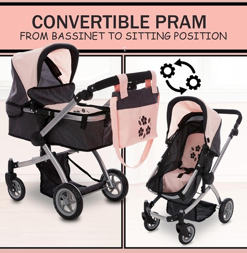 Dolls To Play Baby Doll Stroller 25" Convertible Pram Buggy w/ Canopy & Basket - Picture 4 of 7