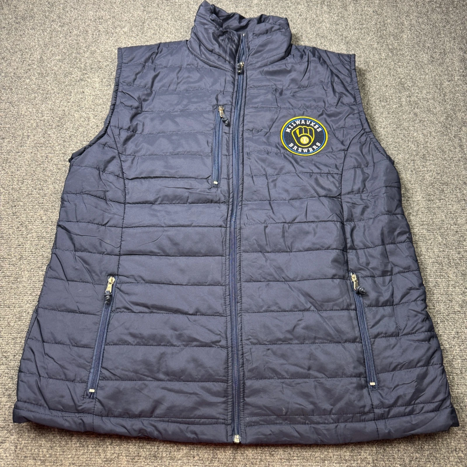 Milwaukee Brewers Vest Mens Extra Large Blue Puffer Zip Pockets MLB