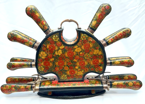 Vintage Hand Carved Asian Floral Wood Metal 16PC Carving Set Fork/Knife Holder - Bild 2 von 4