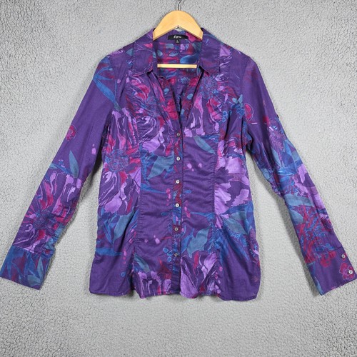 Express Button Down Damengröße Large lila Kunst zum Tragen leicht Y2K Blumenmuster