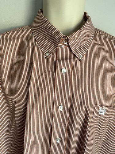 Cinch Men 100% Cotton Orange /White Strip Button Down Cowboy West Pocket Shirt L - Picture 2 of 6