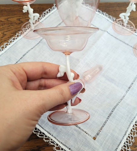 Bimini Lauscha Fritz Lampl Pink Glass Liquor Decanter Set Milk Glass Nude Lady - Picture 16 of 20