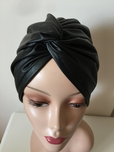 Black Leather Turban-Black Turban-Cross Turban -Faux Leather Turban - Picture 8 of 8