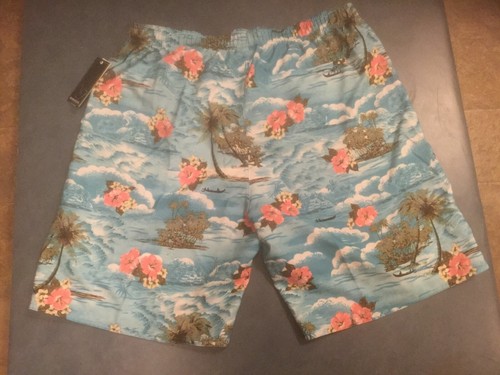 Burnside Men's XL Turquoise Hawaiian Print Drawstring Elastic Waist Mesh Lined - Picture 3 of 5