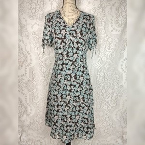 Jaclyn-Smith-Womens-Dress-Size-6-Brown-Blue-Floral-Silk-Short-Sleeve-V-neck-Midi
