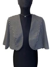 Maya Brooke Size 14 Black & White Striped Short Sleeve Open Cropped Work Blazer