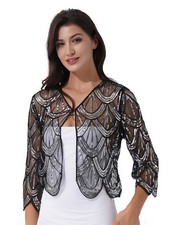 Damen 1920er Retro Bolero Schulterjacke Langarm Pailletten Shrug für Kleid Party
