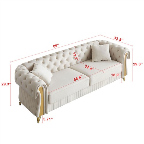 Chesterfield Modern Tufted Velvet 3 Seat Living Room Sofa w/Toss Pillows Beige - Picture 2 of 12