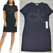 CALVIN KLEIN Short Sleeve Rhinestone Logo T-shirt Dress Size PM in Indigo Blue