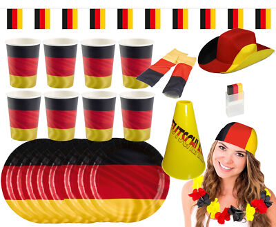 Amscan - großes Deutschland Fan-Set (24-teilig) Pappteller Hut Schminke EM WM