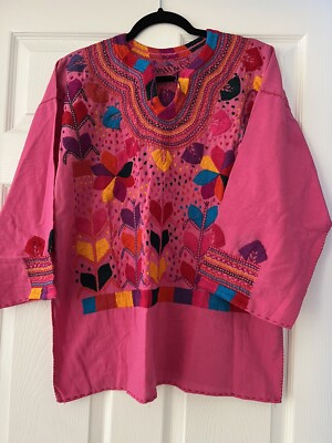 MILPA WOMEN OAXACAN FRIDA HANDMADE EMBROIDERED MEXICAN BLOUSE PINK MEDIUM  NEW
