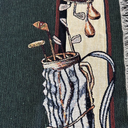 Vintage Golf Wandteppich Überwurf Decke Golfschläger signiert Männerhöhle hängend Fransen - Bild 5 von 5