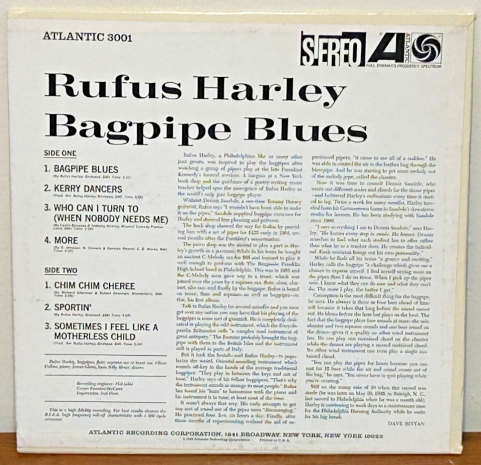 RUFUS HARLEY Bagpipe Blues 1965 ATLANTIC Stereo LP EX/VG PLay Tested BLACK FAN - Image 2 of 2