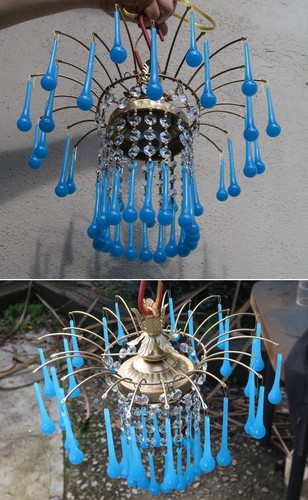 Vintage waterfall Opaline Blue Tole brass SWAG lamp crystal chandelier Hollywood - Picture 7 of 12