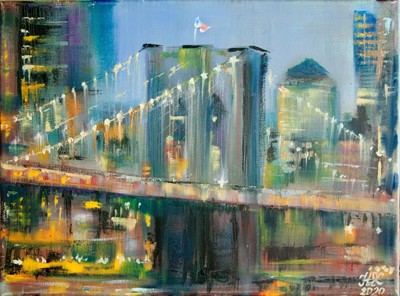 The Brooklyn Bridge at nighttime. 2020, 12 ×16 