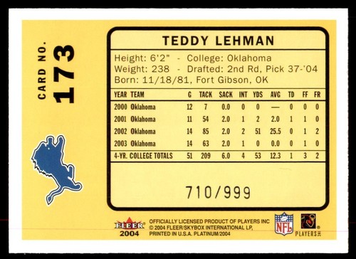 2004 Fleer Platinum Rookie #173 Teddy Lehman /999 Detroit Lions Football Card RC - Picture 2 of 2