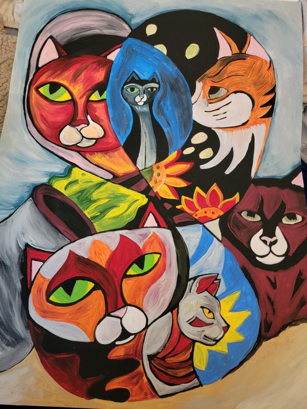 Cat Abstract Collage Painting 18x24 On Paper