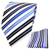 Tigertie Designer Krawatte + Einstecktuch Blau Dunkelblau Silber Gestreift
