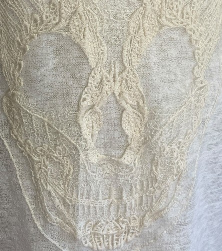 M Fasis Skull Top Womens XL Crochet White Semi Sheer Short Sleeve Rock Biker - Picture 3 of 12