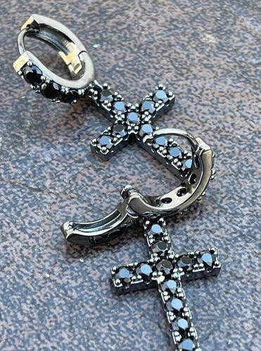 Moissanite Black Oxidized Simulated Drop Dangle Cross Earrings Gift For Her - Picture 2 of 4