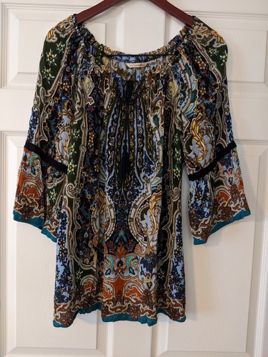 SOFT SURROUNDINGS Womens Medium Paisley Teal Blue Boho Peasant Top Blouse Tunic