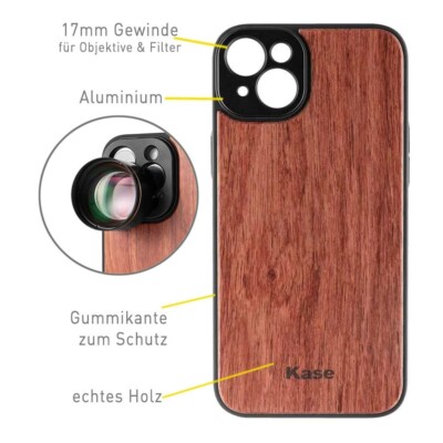 iPhone 14  /  14 Plus Case, 17mm Objektivgewinde, hochwertige Handyhülle, Holz