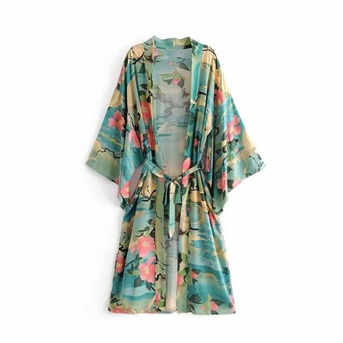 Kimono Coat Loose Lady Yukata Outwear Long Bathrobe Top Crane Foral UK Japanese - Picture 3 of 5