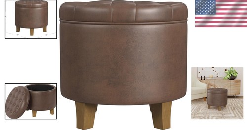 Stylish Round Tufted Foot Rest Ottoman - Brown Faux Leather with Hidden Storage - Picture 2 of 12