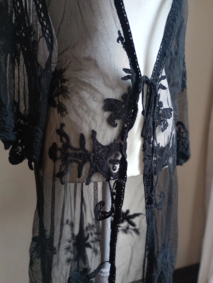 Cárdigan largo de encaje negro con corbata delantera gitana bruja caprichoso gótico encubrimiento hada Foto 2 de 4
