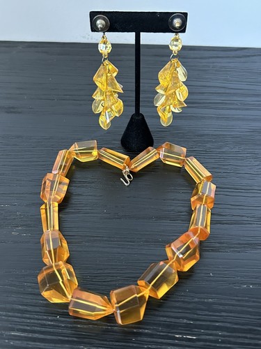 VTG 1980's Necklace & Pierced Earrings Set Orange Lucite Bead Chunky Geometric - Picture 4 of 9