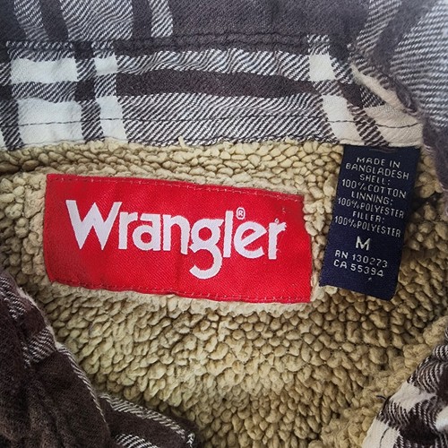 Wrangler Sherpa Lined Flannel Button Up Shirt Men's M Long Sleeve Plaid Brown - Picture 7 of 7
