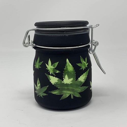 Airtight Glass Storage Jar: Black Frosted with Green Leaf - MEDIUM - Picture 2 of 3