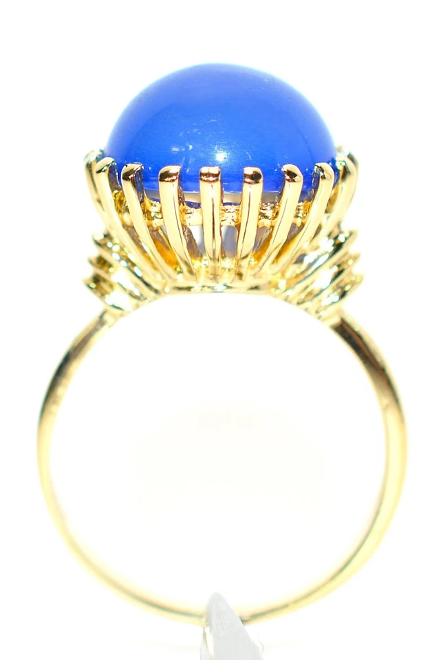 Anillo solitario de oro macizo de 14 quilates de ágata azul natural anillo llamativo cóctel Foto 3 de 4