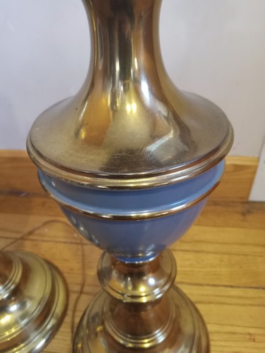 PAIR VINTAGE STIFFEL BRASS & ENAMEL BLUE MCM 3-WAY TABLE LAMPS - Picture 3 of 13