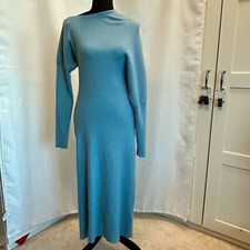 Zara Asymmetrical Neckline Ribbed Knit Long Sleeve Blue Sweater Dress Womens M