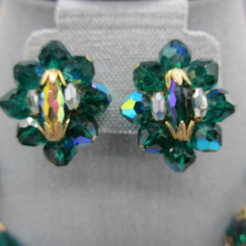Vintage Vendome Necklace Earrings Green AB Rhinestones Iridescent 17 inches - Picture 4 of 17