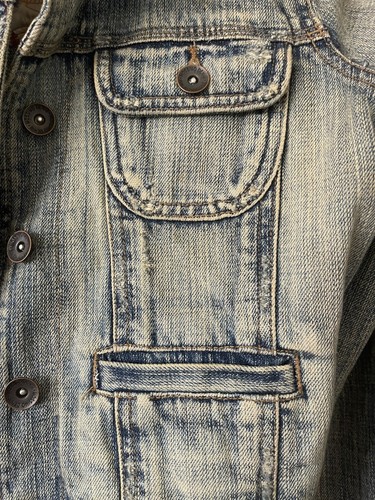 Womens Denim Jacket M Medium Blue Trucker Cropped Long Sleeve Stone Wash Mossimo - Bild 4 von 11