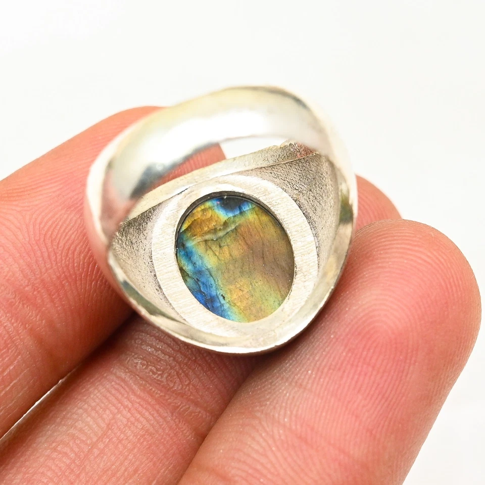 拉长石男式戒指 925 纯银声明手工戒指 均码 M549 — 第 3/4 张图片