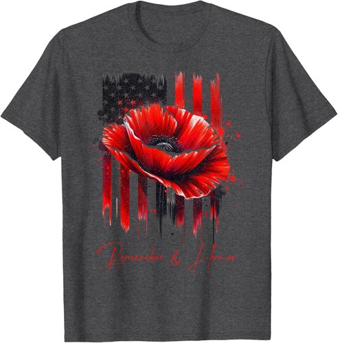 Veterans Day 2024 USA Memorial Day Red Poppy Flower Military T-Shirt - Picture 3 of 14