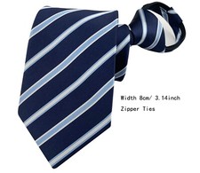 New Striped White Blue 100 Silk Adjustable Zipper Pre-tied Men's Necktie Tie