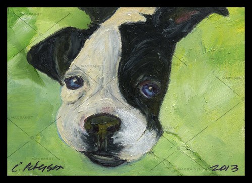 PUPPY Love on a GREEN Blanket ORIGINAL FINE ART Print BOSTON TERRIER bulldog LUV - Picture 3 of 10