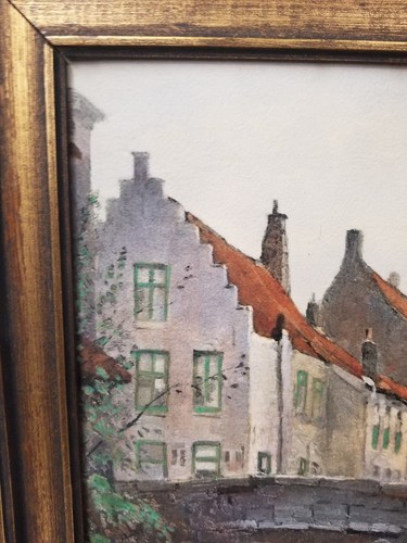 Framed Willem Alexander Knip Oil on Canvas Painting " Bridge, People, and Build" - Picture 2 of 9