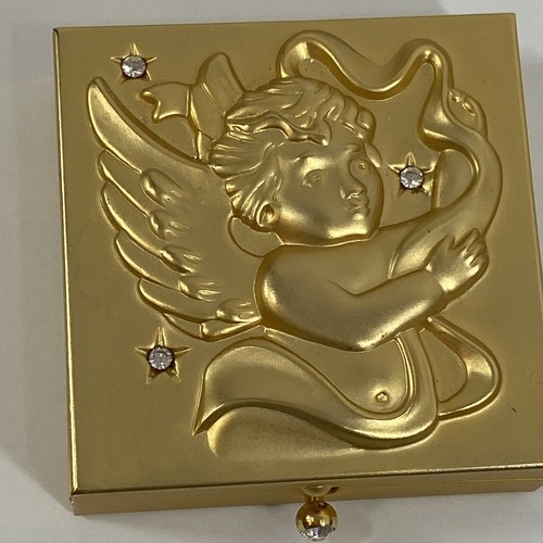 Cherub Angel Pill Jewelry Box Gold Tone Metal & Rhinestones Hinged Lid 2" Square - Picture 3 of 14