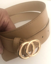 New M L Natural Faux Leather 1" BELT Gold Tone Round Buckle Fits 30-36" Waists