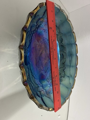 VTG Indiana Carnival Glass Blue Iridescent Bowl Harvest Grape 1970s Oval Footed - Picture 11 of 14