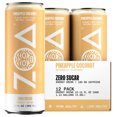 ZOA Zero Sugar Energy Drink, Pineapple Coconut Vitamins & Electrolytes, 12 Count